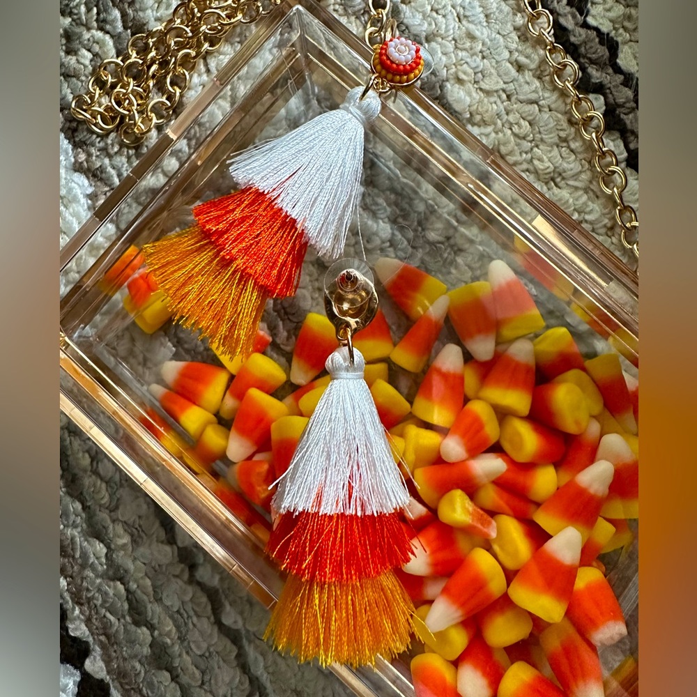 Candy corn inspired drop tassel earrings with beaded detailing as pictured